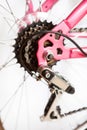 Rear mountain bike cassette on the wheel with chain, pink frame of bicycle, white background Royalty Free Stock Photo