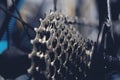 Bicycle chain background with red light