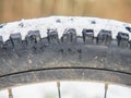 Rear mtb wheel with fat tire for extreme terrain.  Close up of a tire Royalty Free Stock Photo