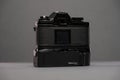 Rear of a Nikon EM film SLR camera with winder..