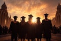 Rear perspective of university graduates, their silhouettes against graduation backdrop