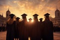 Rear perspective of university graduates, their silhouettes against graduation backdrop