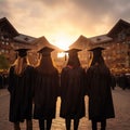 Rear perspective of university graduates, their silhouettes against graduation backdrop