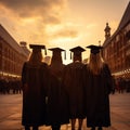 Rear perspective of university graduates, their silhouettes against graduation backdrop