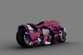 Rear perspective view of a fantasy future cyberpunk motorcycle. 3D rendering isolated on grey background