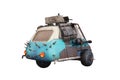 Rear perspective view of a fantasy post apocalypse vehice with 3 wheels and armed with guns. 3D illustration isolated on white