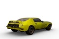 Rear perspective 3D rendering of an old yellow retro American muscle car isolated on a white background