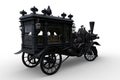 Rear perspective view 3D rendering of a Steampunk Halloween concept steam powered hearse isolated on a white background