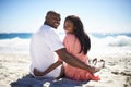 Rear, portrait and smile with a black couple on the beach for travel, romance or adventure together. Summer, love or