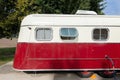 Rear section of a red and white trailer