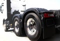 Rear of Semi Truck Wheels Tires. Rubber New Tyres. Chrome Wheels. Freight Trucks Transport. Royalty Free Stock Photo