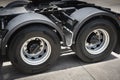 Rear of Semi Truck Wheels Tires. Rubber, Vechicle Tyres. Freight Trucks Cargo Transport