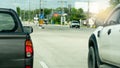 Rear side of gray pickup car with turn on brake light. Royalty Free Stock Photo