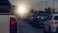 Rear side of pickup car white color with turn on brake light on asphalt roads. Royalty Free Stock Photo