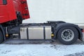 Rear of the tractor unit. Visible fifth wheel couplings are fitted to a tractor unit to connect it to the trailer