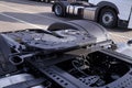 Rear of the tractor unit. Visible fifth wheel couplings are fitted to a tractor unit to connect it to the trailer