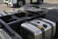 Rear of the tractor unit. Visible fifth wheel couplings are fitted to a tractor unit to connect it to the trailer