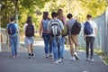 Rear vie of school kids walking on road in campus