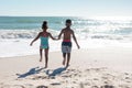 Rear view of african american siblings holding hands while running towards sea at beach on sunny day Royalty Free Stock Photo