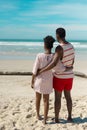 Rear view of african american young couple with arms around looking at sea while standing on beach Royalty Free Stock Photo