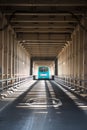 Rear view of Arriva bus heading across the Newcatsle High Level Bridge showing Victorian Metalwork Royalty Free Stock Photo