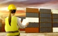 Rear view of asian female worker with safety vest and hard hat holding a paper checking the shipping on the dock