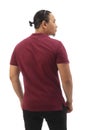 Rear view of Asian man with bun hair wearing maroon red shirt isolated cut out on white Royalty Free Stock Photo