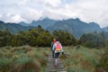 Hikers against a mountain background at Rwenzori Mountains,Uganda