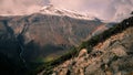 Rear view from the base of the Torres del Paine with a rainbow