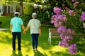 Rear view of biracial senior couple holding hands while standing on grassy land in park Royalty Free Stock Photo