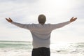 Rear view of biracial senior man with arms outstretched standing at beach during sunny day Royalty Free Stock Photo