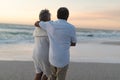 Rear view of biracial senior man walking with arm around woman at beach during sunset Royalty Free Stock Photo