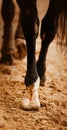 A rear view of the black legs of a horse with a long tail, which steps with hooves on a sandy arena. Photo of a horse
