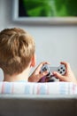 Rear View Of Boy Holding Controller Playing Video Game Royalty Free Stock Photo