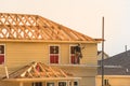 Builder on Wooden House Royalty Free Stock Photo