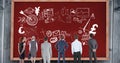 Rear view of business people looking at various symbols on red bulletin board