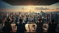 Rear view of the business teams their hands up showing a fist of victory while standing in the meeting room. AI Generated