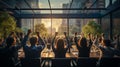 Rear view of the business teams their hands up showing a fist of victory while standing in the meeting room. AI Generated