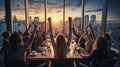 Rear view of the business teams their hands up showing a fist of victory while standing in the meeting room. AI Generated