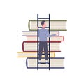 Rear view businessman climbing ladder book stack man student aspiration to knowledge education concept flat isolated