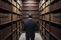 Rear view of a businessman looking at a bookcase in a library, Male lawyer full rear view in front of a low book library, Ai