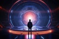 Rear view of businessman looking at futuristic tunnel. Future and technology concept, Futuristic spaceship interior with glowing Royalty Free Stock Photo