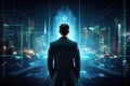 Rear view of businessman looking at night city with hologram. Future concept, Back view of businessman in futuristic interior with Royalty Free Stock Photo