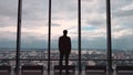 Rear view of businessman in an office with panoramic city view. Businessman admires the city from the panoramic Windows Royalty Free Stock Photo