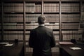 Rear view of a businessman standing in front of bookshelves, Male lawyer full rear view in front of a low book library, Ai