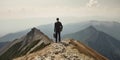 Businessman wearing formal suit and holding suitcase, standing on the mountain Royalty Free Stock Photo