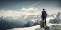 Rear view of businessman wearing formal suit and holding suitcase, standing on the mountain peak while looking at sky. Royalty Free Stock Photo