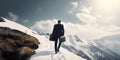 Rear view of businessman wearing formal suit and holding suitcase, standing on the mountain peak while looking at sky. Royalty Free Stock Photo