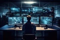 Rear view of businessman working on multiple computer screens in server room, Engineer Operators Using Scada System, AI Generated Royalty Free Stock Photo