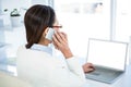 Rear view of businesswoman on phone using laptop Royalty Free Stock Photo